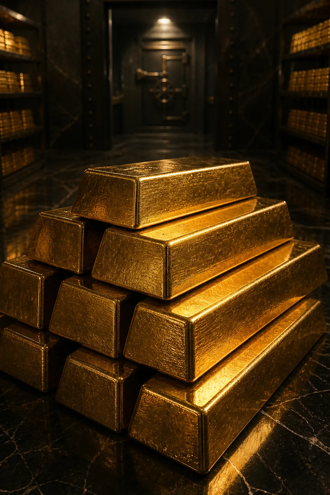 Stacked investment-grade gold bars in a dark vault under a warm spotlight