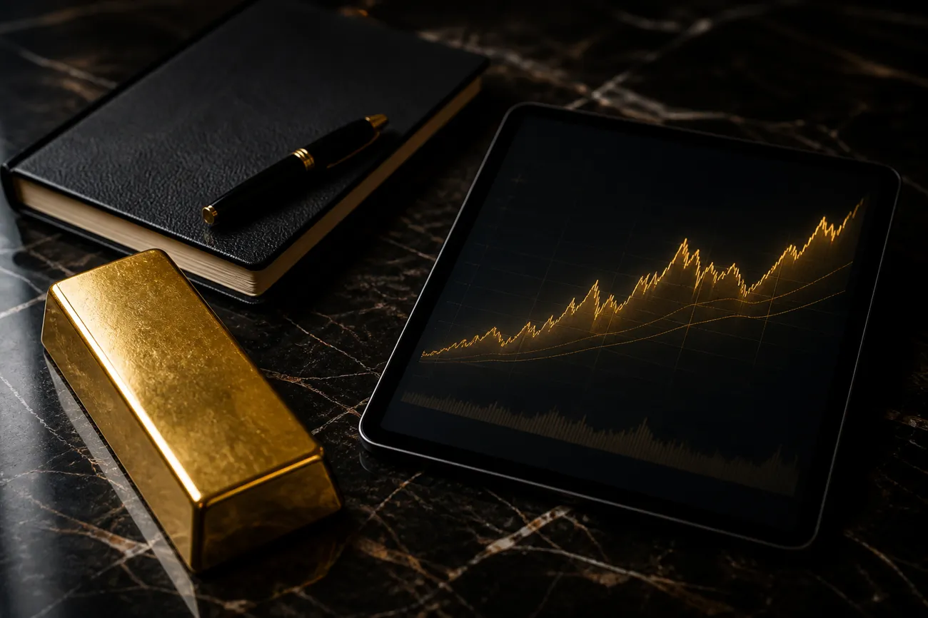 Gold bar beside a tablet showing an abstract market chart