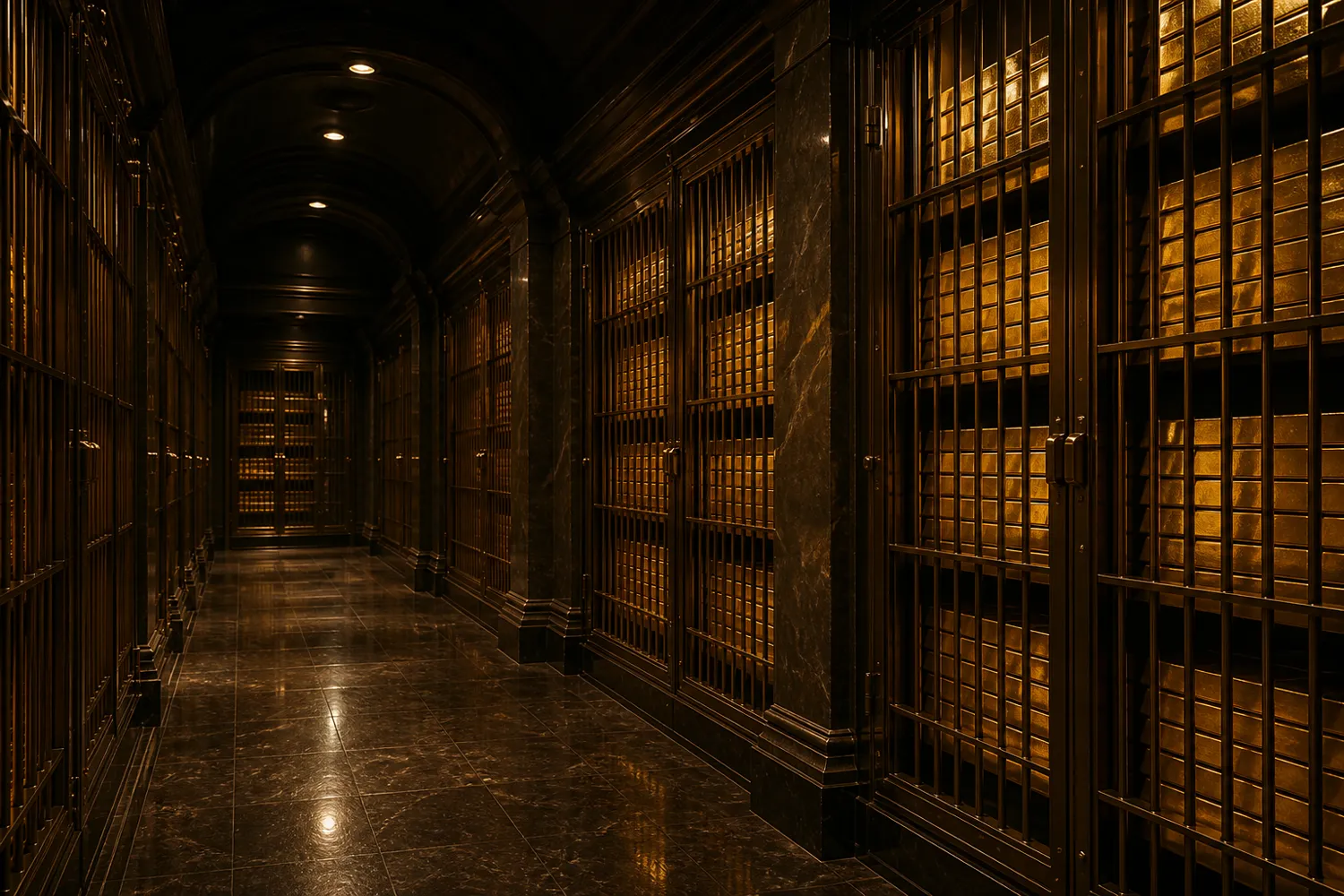 Corridor of a private gold vault with bars receding into darkness